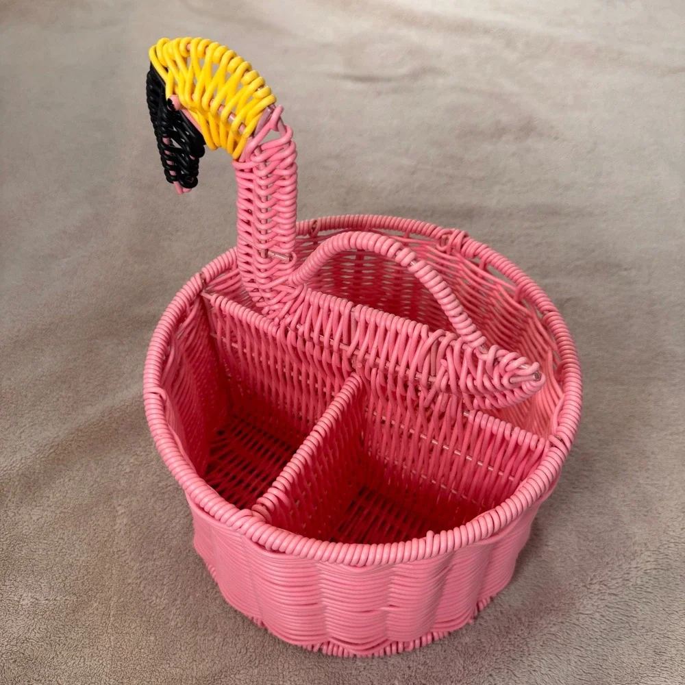 Tropical Pink Flamingo Wicker Basket Caddy Utensil Holder Organizer BBQ Kitchen